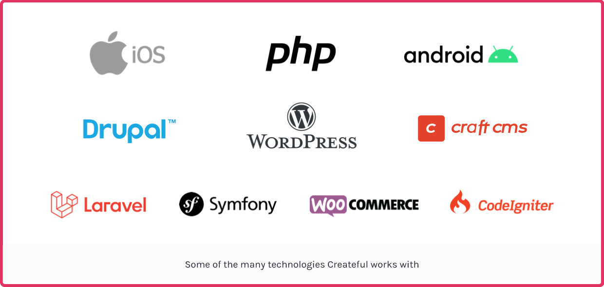 Some of the many technologies Createful works with: iOS, PHP, Android, Drupal, WordPress, Craft CMS, Laravel, Symfony, WooCommerce, CodeIgniter, and more