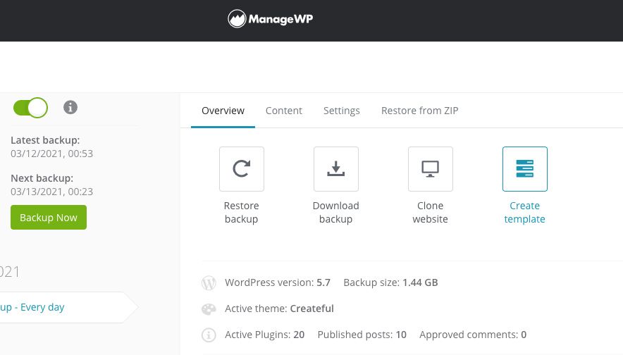 ManageWP – manage WordPress site backups and updates
